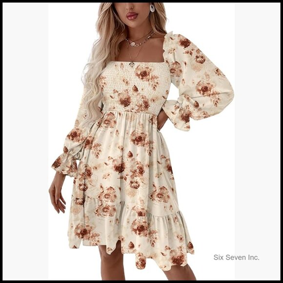 Polyester Square Neck Lantern Sleeve Shirred Ruffle Mini Dress